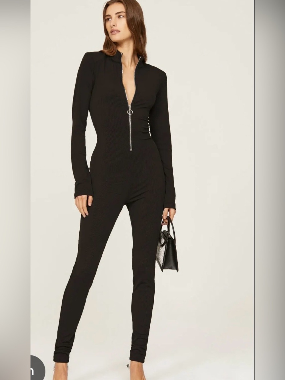 NICHOLAS Black Long-Sleeve Zip Front Jumpsuit with Ring Pull XS *flaw*